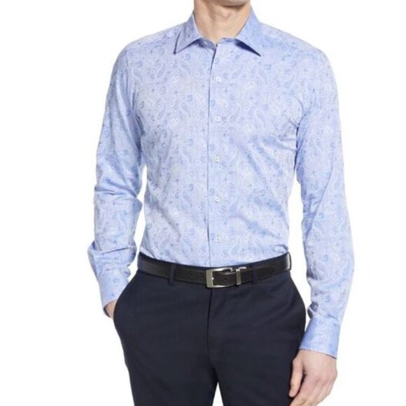 David Donahue Men's Trim Fit Paisley Floral Dress Shirt 17  32/33 Blue - Picture 1 of 9